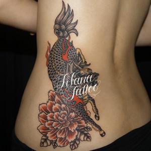 麒麟と牡丹の刺青作品