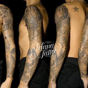 般若|ドクロ|植物|板塔婆のフルスリーブタトゥー