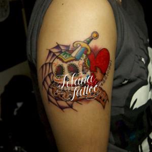 メキシカンスカル|ハート|ダガー|蜘蛛の巣のタトゥー