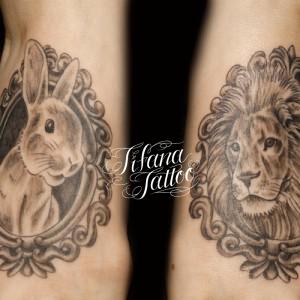 ウサギとライオンのタトゥー