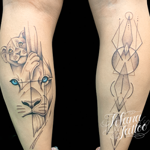 ライオンと幾何学模様のジオメトリックなタトゥー