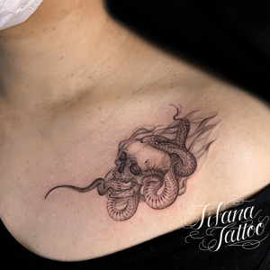 ヘビ|スカルのファインライン・タトゥー