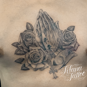 合掌|薔薇|ロザリオのファインライン・タトゥー