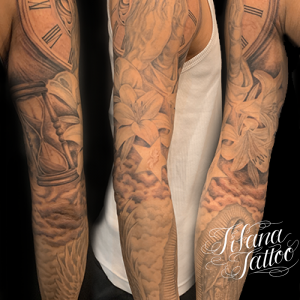 合掌|時計|百合|グアダルーペのフルスリーブ・タトゥー