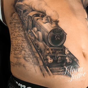機関車|地図|ローマ数字のファインライン・タトゥー