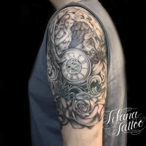 天使|女神|時計|薔薇|百合のハーフスリーブ・タトゥー