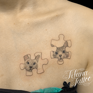 パズル×猫のファインライン・タトゥー